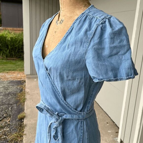 Gap Light Denim Chambray Ruffle Edge Light Wash Denim Wrap Dress - M - Picture 5 of 10